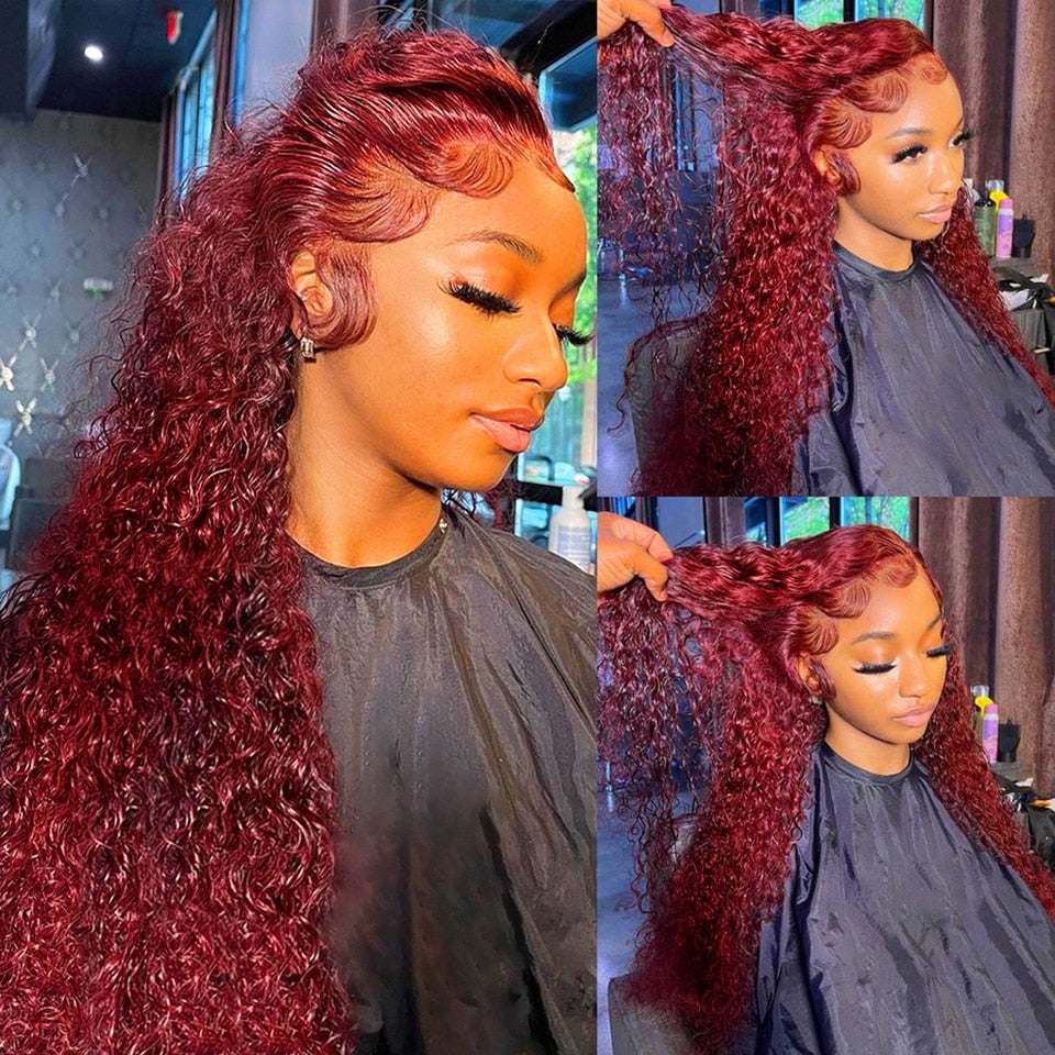 13x6 13x4 HD Deep Wave Lace Frontal Wig Colored Burgundy Lace Front Wig Brazilian Red 99J Curly Lace Front Human Hair Wigs