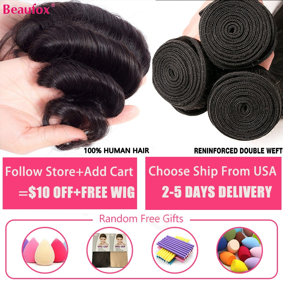 Beaufox 32 Inch Human Hair Bundles Loose Wave Bundles Indian Hair Weave Bundles 1/3/4 PCS Human Hair Extensions Natural Black