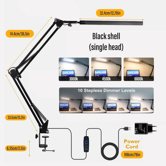 LED Reading Desk Lamp 24W Folding Swing Arm Desk Lamp with Clamp Dimmable Suitable for Workbench Home Eye Care Office Study
