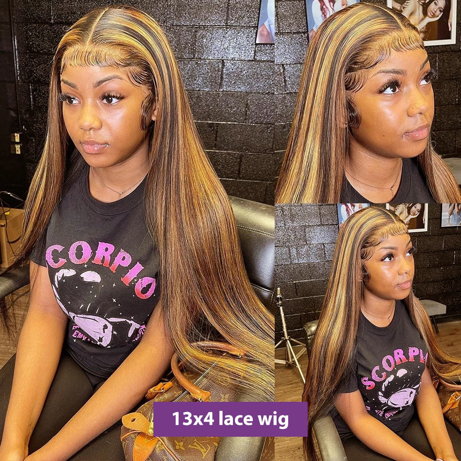 Wigirl 30 32 Inch Highlight Ombre Straight 13x4 Lace Front Human Hair Wigs 4/27 Colored Bone Straight Lace Frontal Wig For Women